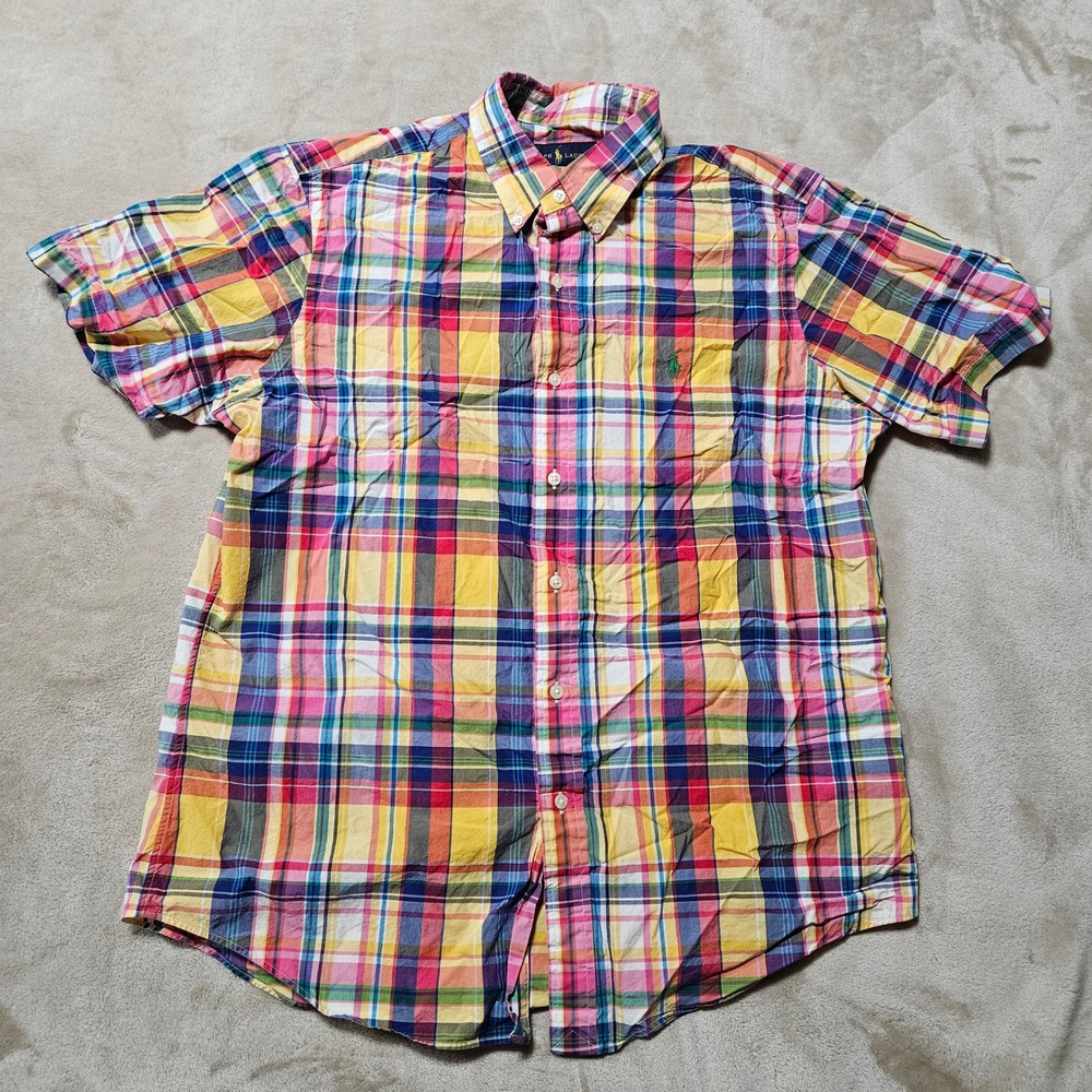 Ralph Lauren Mens Plaid Madras Short Sleeve Button Down Shirt Multi Color Large